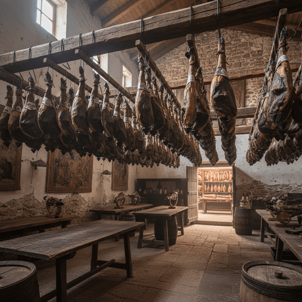Jamón iberico ham hanging in traditional Spanish curing facility